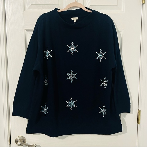 TALBOTS NWT Snowflake Soft Embroidered Nave Winter Sweatshirt Long Sleeve - Picture 5 of 13
